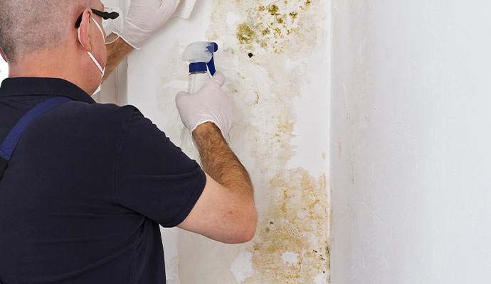 Professional worker cleaning mold from the wall