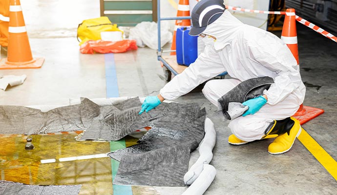 Chemical spill cleaning Professional wearing safety gear cleaning chemical spill