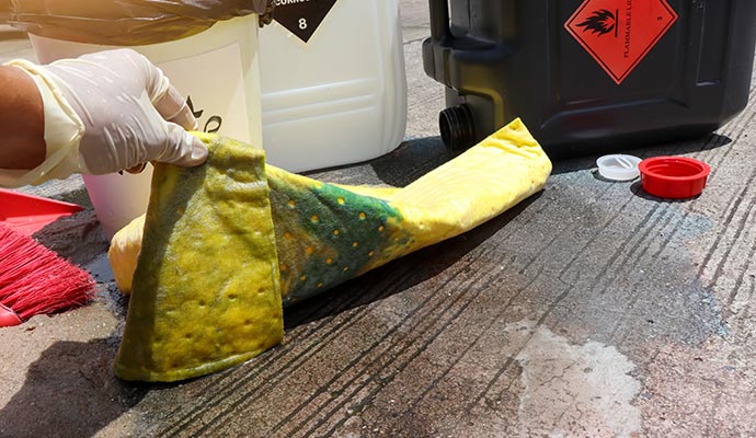 Cleaning chemical spill with absorbent pad Professional wearing gloves cleaning chemical spill with absorbent pad