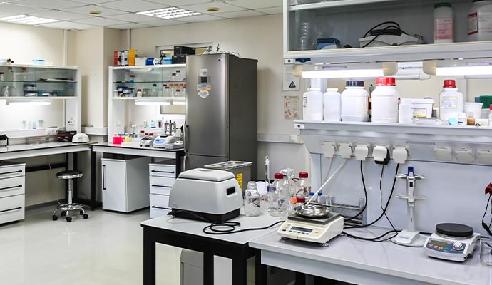 Drug laboratory Drug laboratory with scientific equipment and chemical bottles on shelves