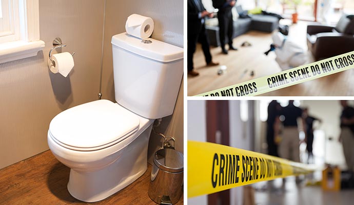 Collage of installed toilet, trauma cleanup service and crime scene Collage of installed toilet, trauma cleanup service and crime scene