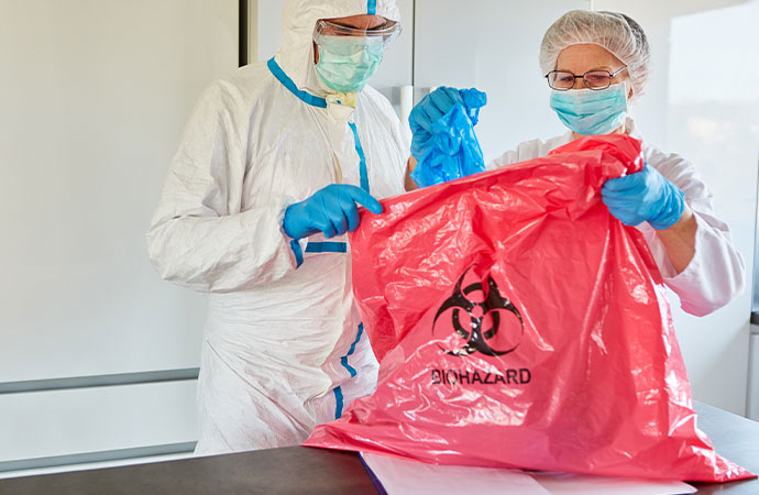 Disposing hazardous material inside biohazard bag Disposing hazardous material inside biohazard bag