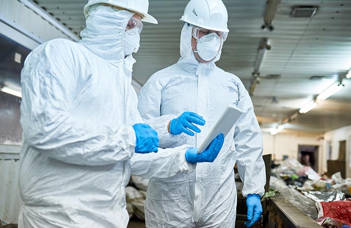 Two biohazard technicians taking sample of hazardous materials Two biohazard technicians taking sample of hazardous materials