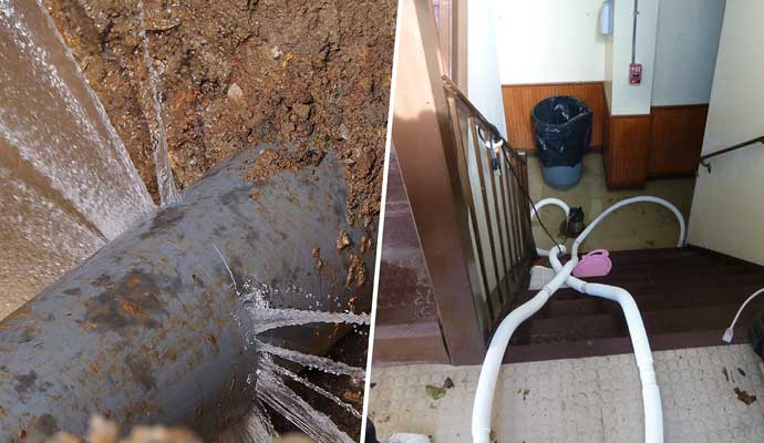 Collage of water pipe break and flood damage