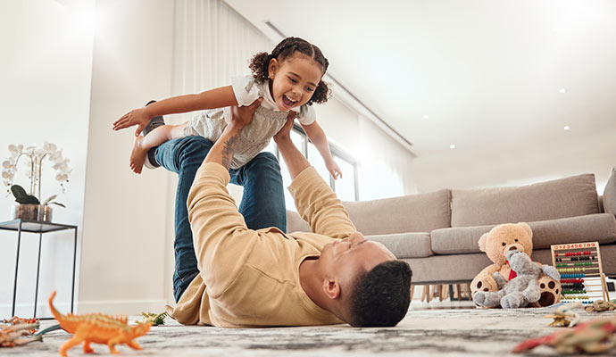 Family playing in a clean home environment