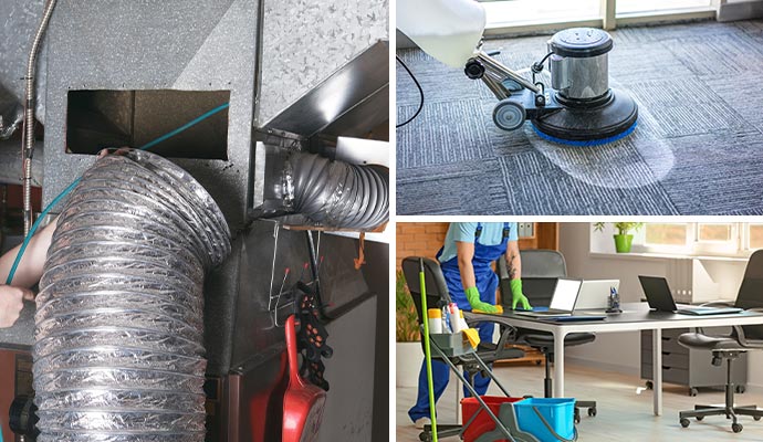 Collage showcasing air duct, carpet, and office cleaning services Collage of air duct, carpet, and office cleaning services