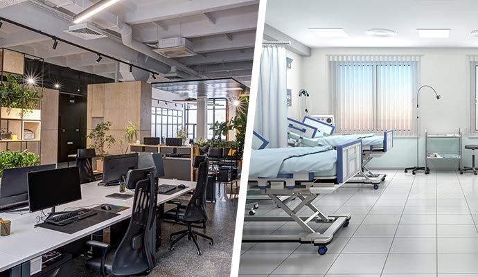 Collage of office and hospital interior Collage of office and hospital interiors