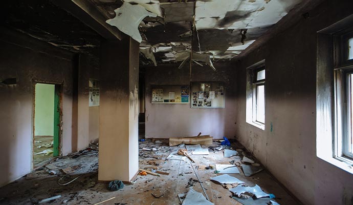 Fire damaged classroom Fire damaged classroom