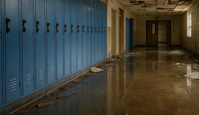 Flooded school hallway Flooded school hallway