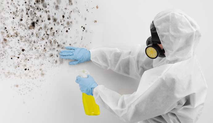 Professional worker cleaning mold from the wall