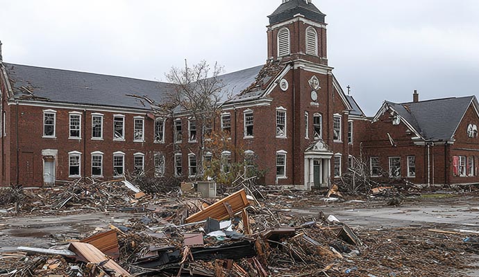 Storm-damaged school exterior Storm-damaged school exterior