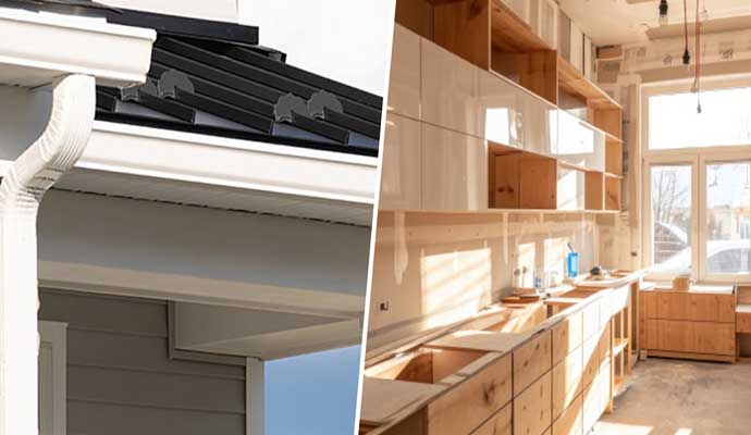 Collage of rain gutter and custom cabinets