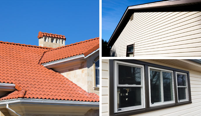 collage of roof, siding and window