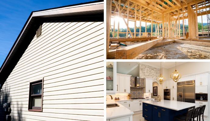 A collage of siding, new construction and kitchen remodeling