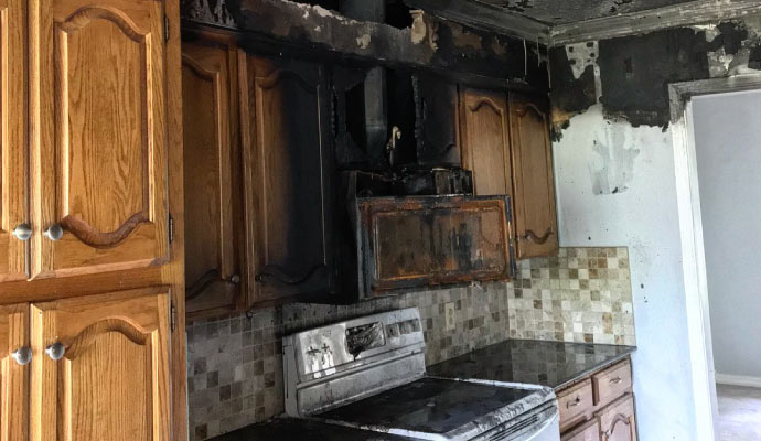 A fire damaged kitchen