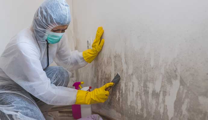 Professional worker cleaning mold from the wall