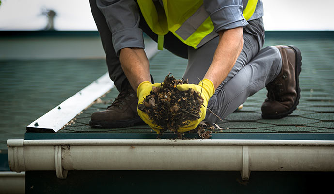 Professional cleaner cleaning the gutter