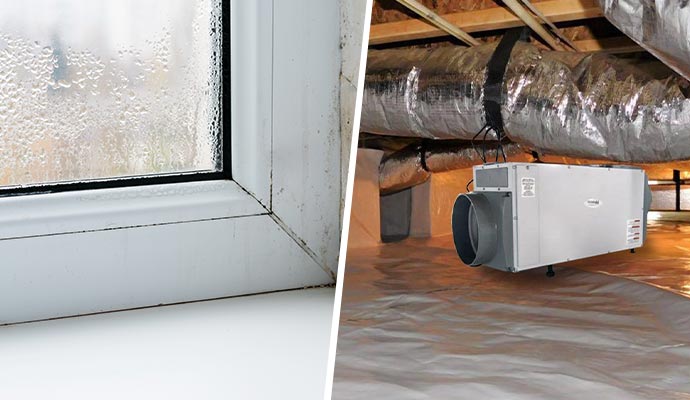 Collage of moisture-covered window and dehumidifier Collage of moisture-covered window and dehumidifier