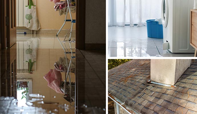 Collage of plumbing, appliance and roof leak damage